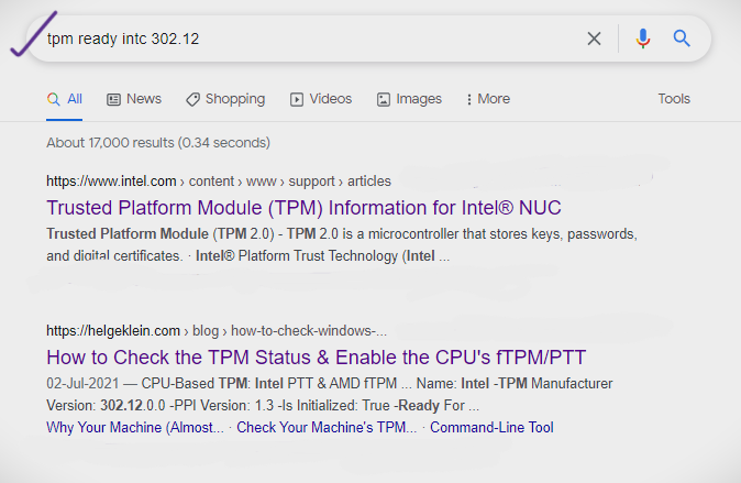 The TPM manufacturer intc 303.12 or similar query in the search engines like Google will show the results, including the TPM version.