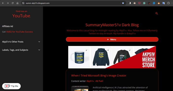 A screenshot shows the home page of SummaryMaster51v Dark Blog created by Akp51v with full link in the browser's address bar. It is a dark more website with red colored accent effect.