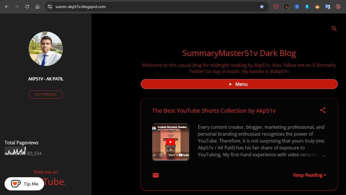 Screenshot (Landscape Mode) - SummaryMaster51v Dark Blogspot home: Showing the Header, Menu, & Sidebar