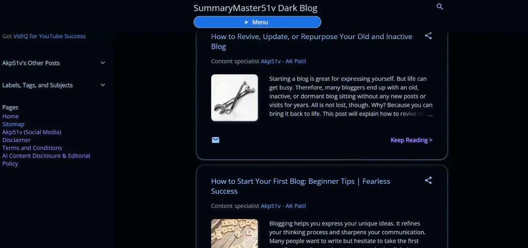 SummaryMaster51v Dark Blog User Interface & Blog Post Feed